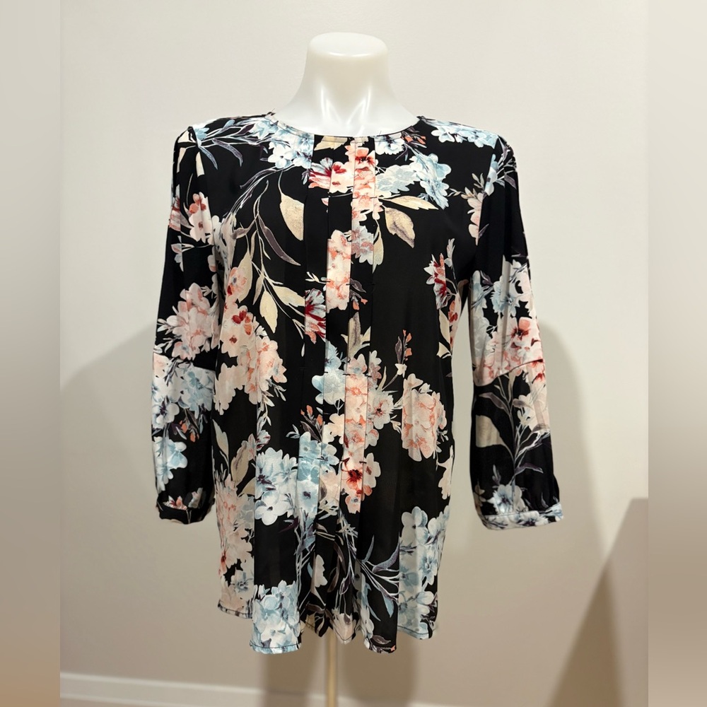 Karl Lagerfeld Black Floral Pleated Blouse with Pastel Blooms